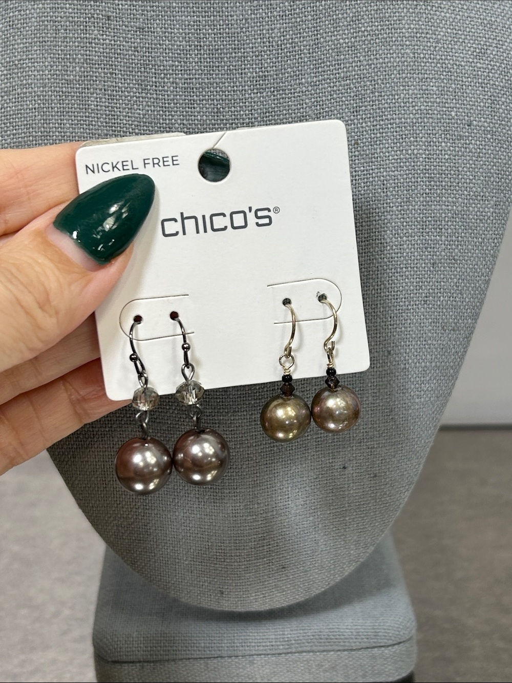 Chico's Iridescent Pearl Drop Earrings in Brown and Olive